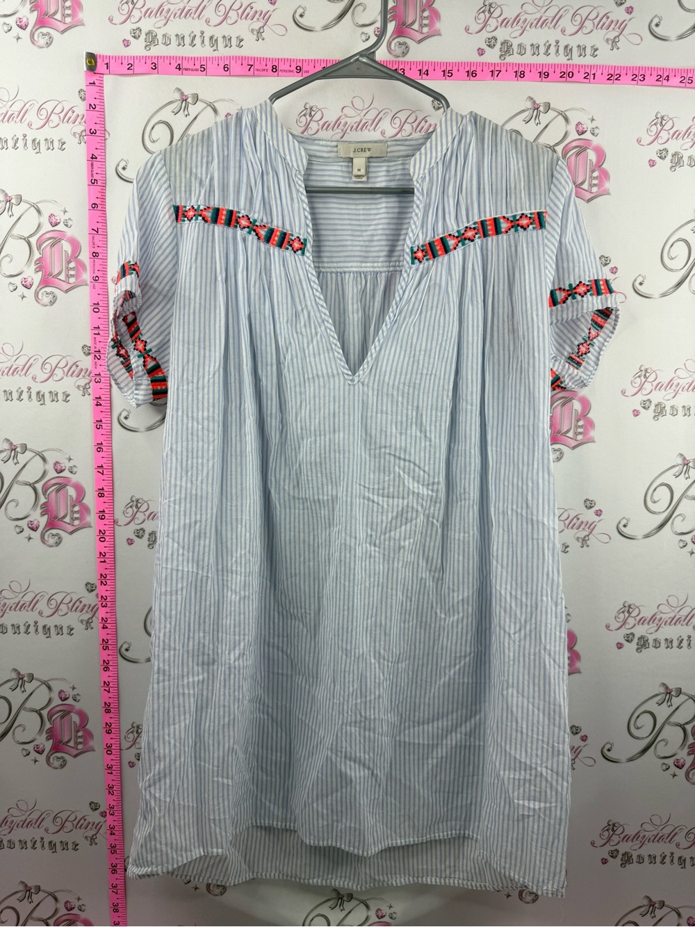 J. Crew dress Light Blue & White Striped Embroidered V-Neck Midi Dress